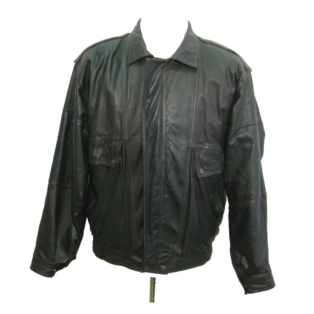 G.O. Leather Jacket Men's Large Dark Brown Zipper Front Bomber Coat 5 Pockets